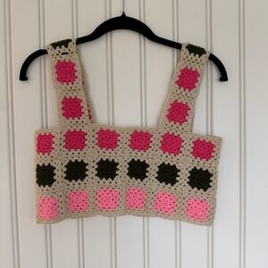 Granny square tank crop shirt boho hippy cottagecore bra pink crochet beach swim